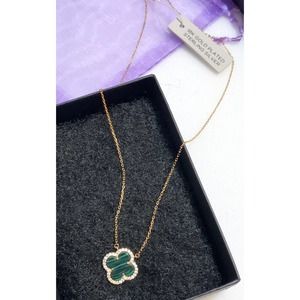 Rachel Zoe 18KT Gold Sterling Silver Green Malachite & Pave Clover Neckl…